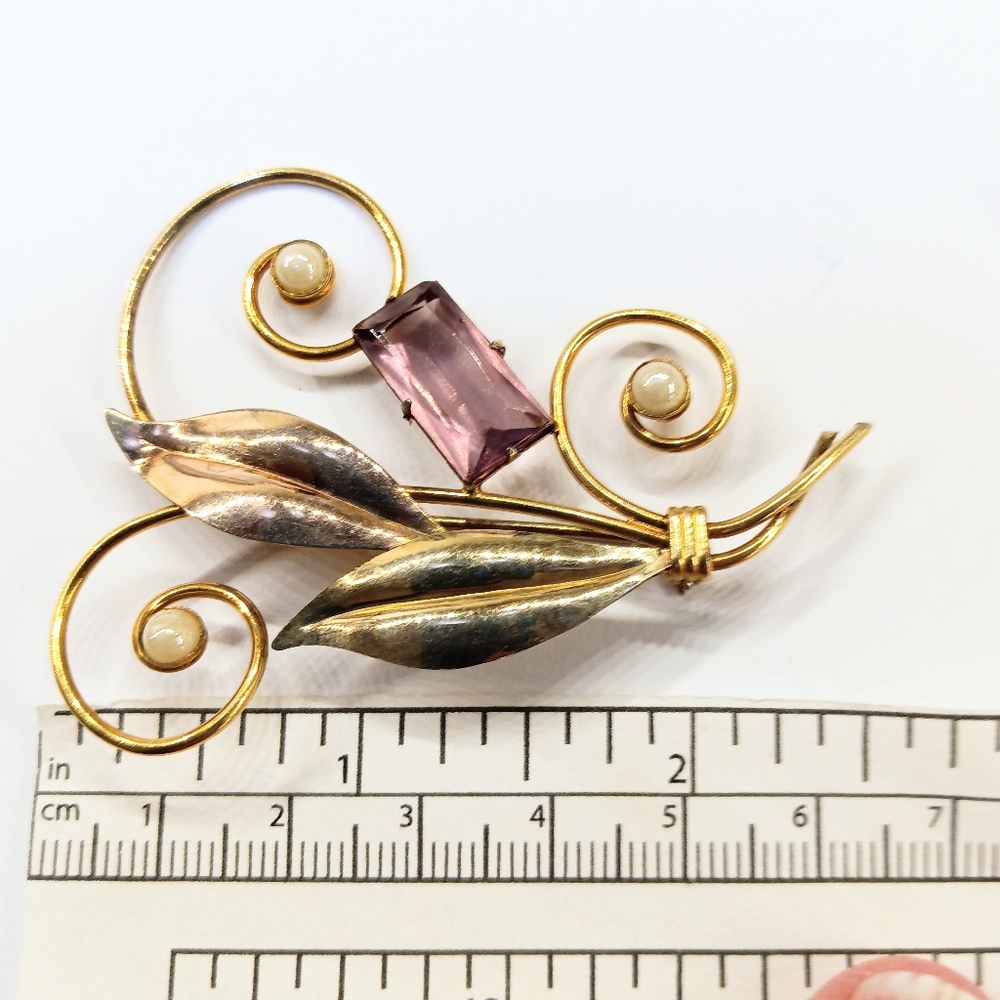 Vintage Gold Over Sterling Purple Stone Brooch And Earrings - Picture 5 of 7